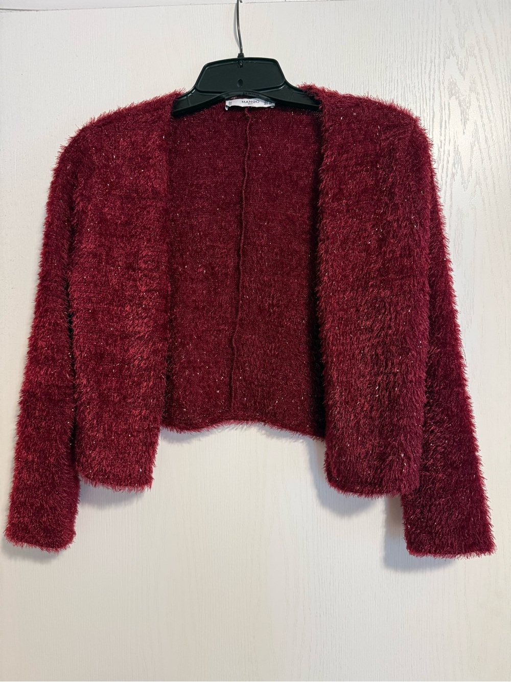 Mango Faux-Fur Plush Open-Front Cropped Jacket - Burgundy